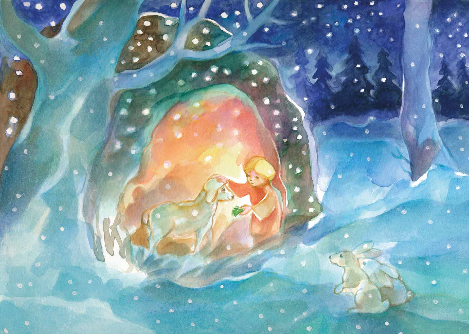 Winterpostkarte für Kinder: Kind streichelt Lamm in leuchtender Baumhöhle, Feldhase im Schnee, Waldorf Jahreszeitentisch