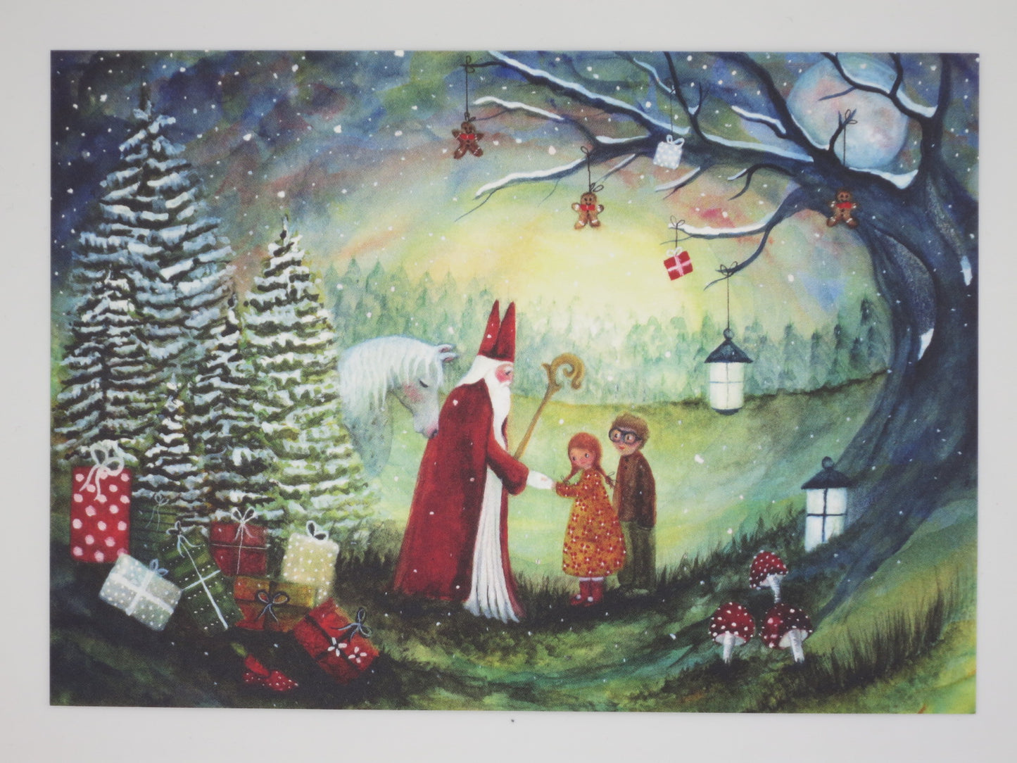 Winterpostkarte für Kinder: Nikolaus mit Krummstab und Schimmel begegnet zwei Kindern am geschmückten Baum, Waldorf Jahreszeitentisch Nikolaustag