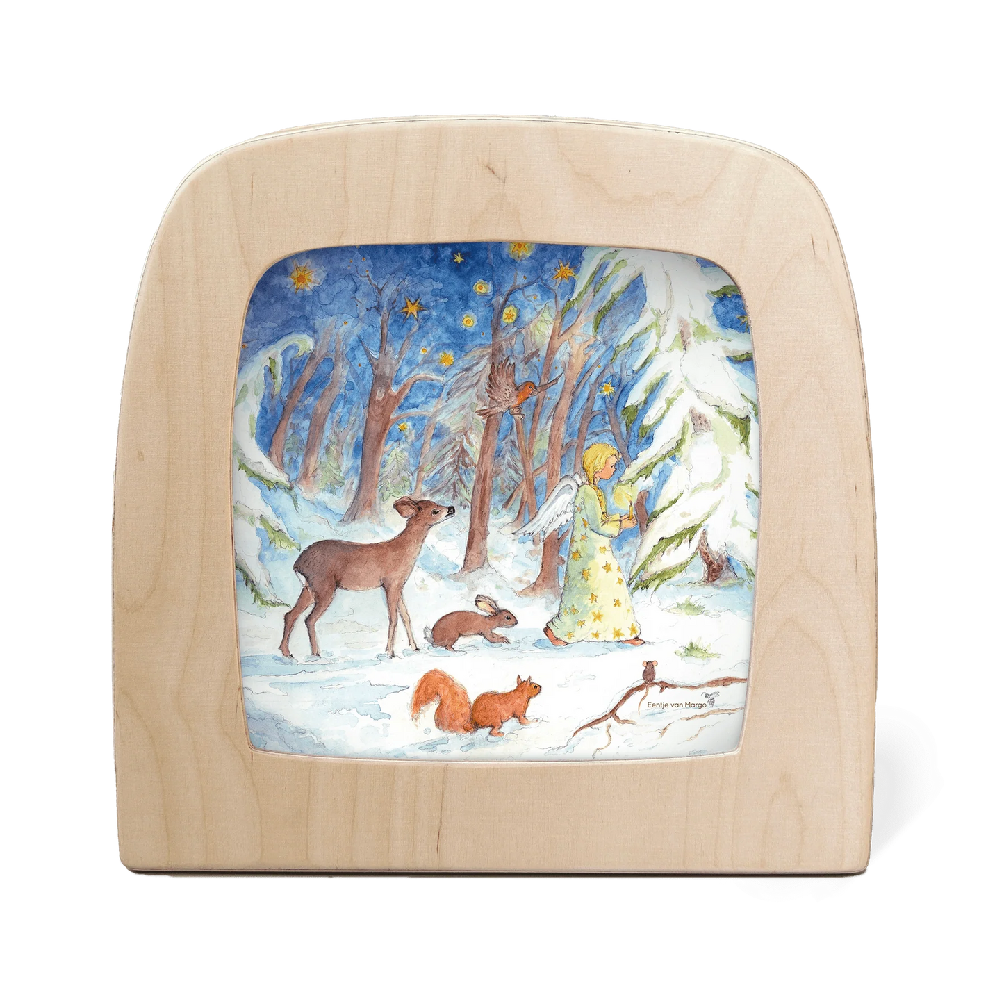 Winterwald Toverlux Motiv MO8: Schutzengel mit Kerze führt Reh, Hase, Eichhörnchen und Rotkehlchen durch den verschneiten Wald – Illustration von Eentje van Margo für die Magische Lampe und den Jahreszeitentisch