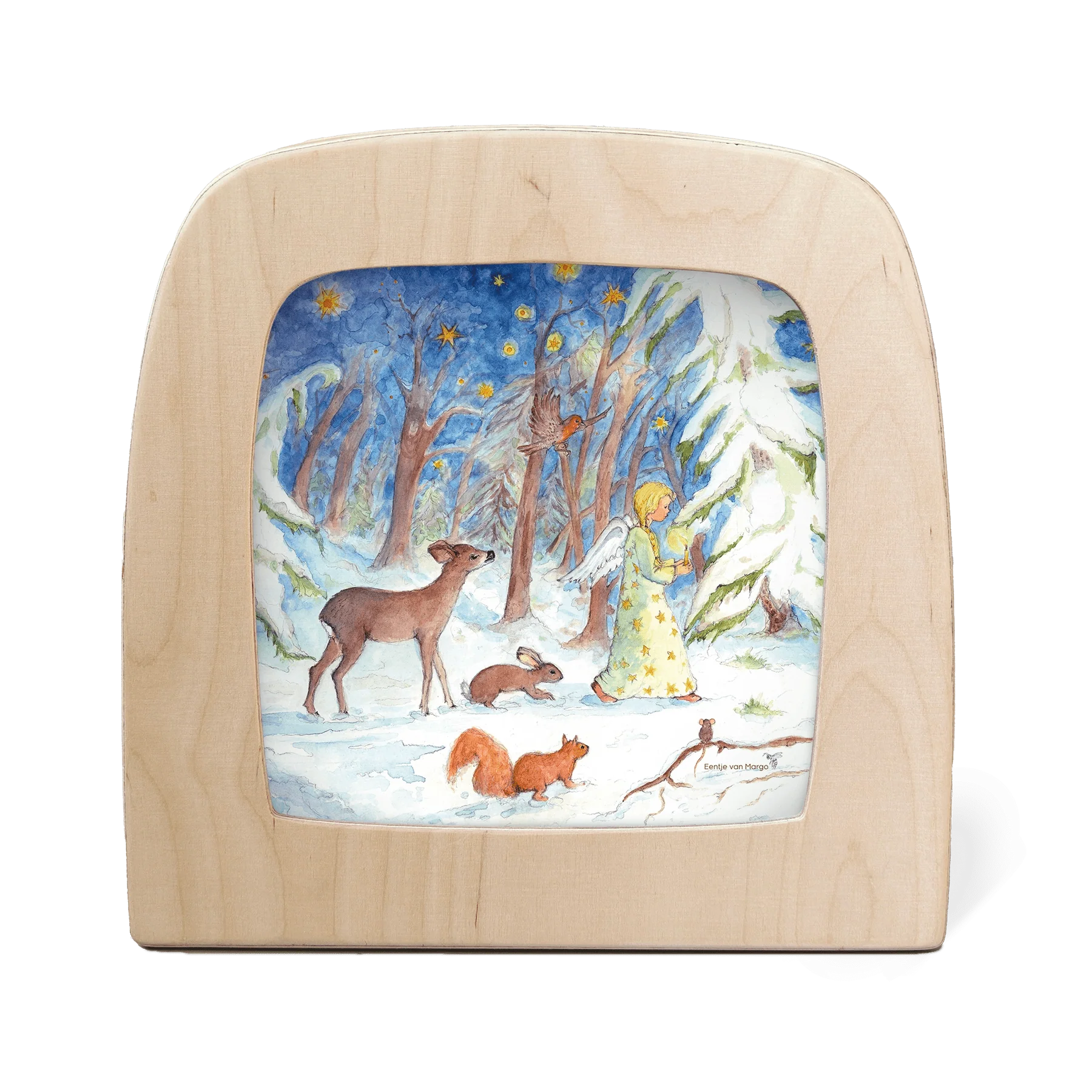 Winterwald Toverlux Motiv MO8: Schutzengel mit Kerze führt Reh, Hase, Eichhörnchen und Rotkehlchen durch den verschneiten Wald – Illustration von Eentje van Margo für die Magische Lampe und den Jahreszeitentisch