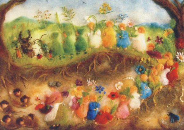 Wurzelkinder im Frühling – Waldorf Postkarte von Franziska Sertori-Kopp für den Jahreszeitentisch