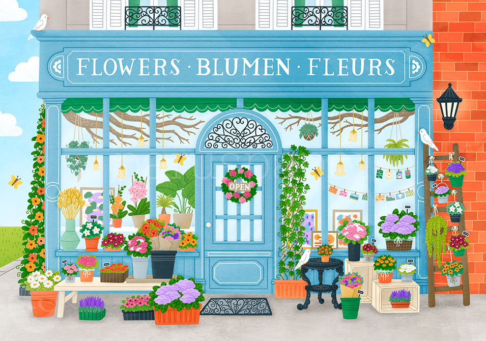 Postkarte Der zauberhafte Blumenladen: illustrierte Blumenladen-Fassade mit Vögeln – PKGR45