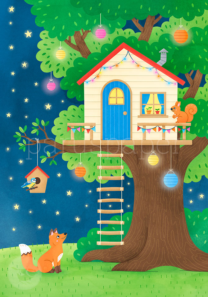 Postkarte zauberhaftes Baumhaus bei Nacht mit Fuchs und Eichhörnchen – PKGR50
