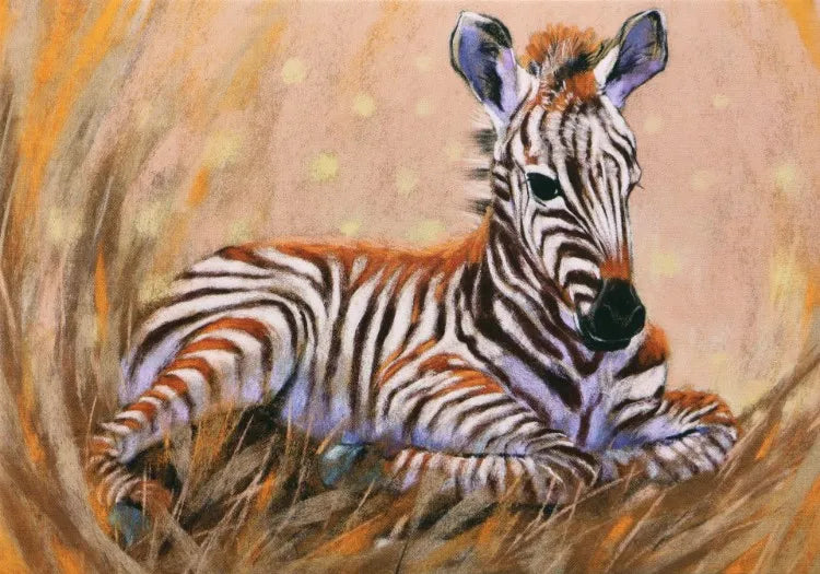 Waldorf Postkarte Zebra von Loes Botman mit Zebrafohlen im Gras und braun getonten Streifen