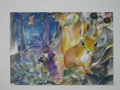 Postkarte Zeig mir den Weg: Wichtel im Nachtwald mit Eule und Eichhörnchen, Marie Laure Viriot, Art. PKHE43
