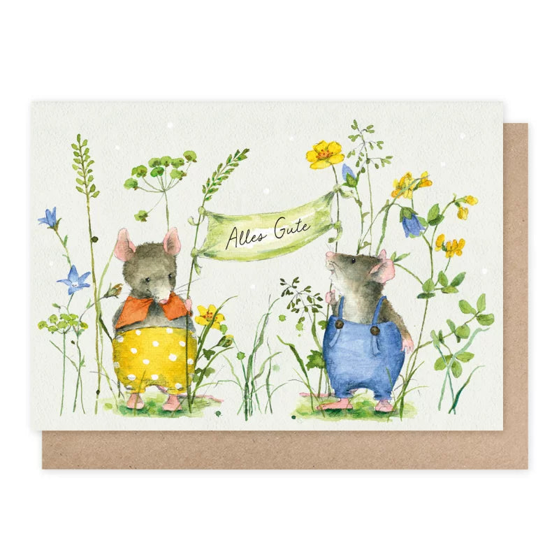 Geburtstagskarte mit zwei Mäusen zwischen Wildblumen, die ein Banner Alles Gute halten – GK24