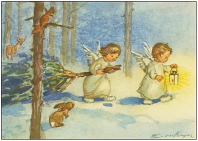 Zwei Engel ziehen durch den Wald - Postkarte  - Waldorf Art.Nr.PKWI264