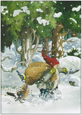 Postkarte Zwerg mit Vogelfutter von Inge Löök – Wichtel füttert Vögel im Schnee, PKWI291